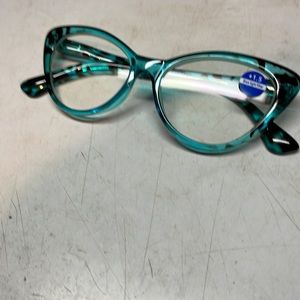 Cat eye blue horn-rimmed reading glasses with a blue light filter